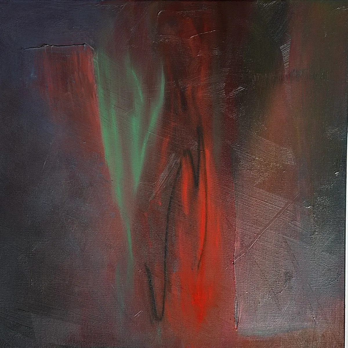 Dark plum ground with a bright red vertical band at the centre, pale green strokes rising to its left and a hazy pink patch at the right