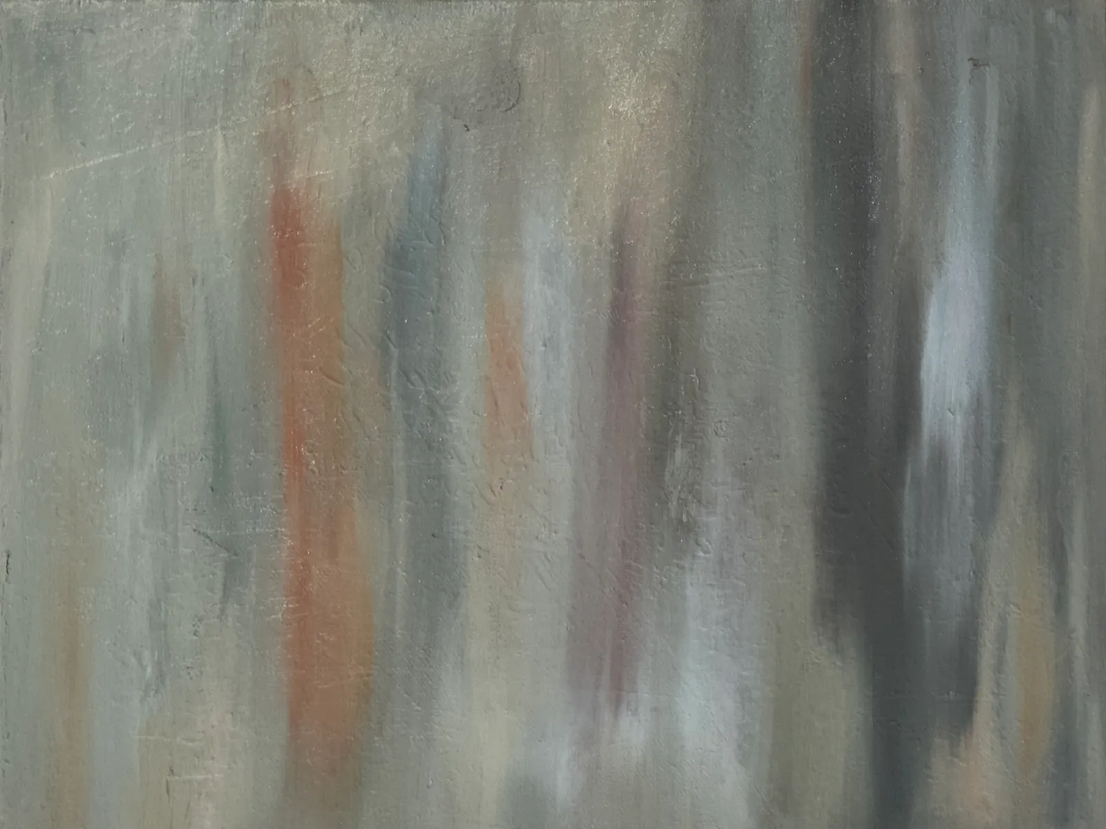 Soft vertical streaks of grey, white, rust and mauve running down a pale grey-green surface