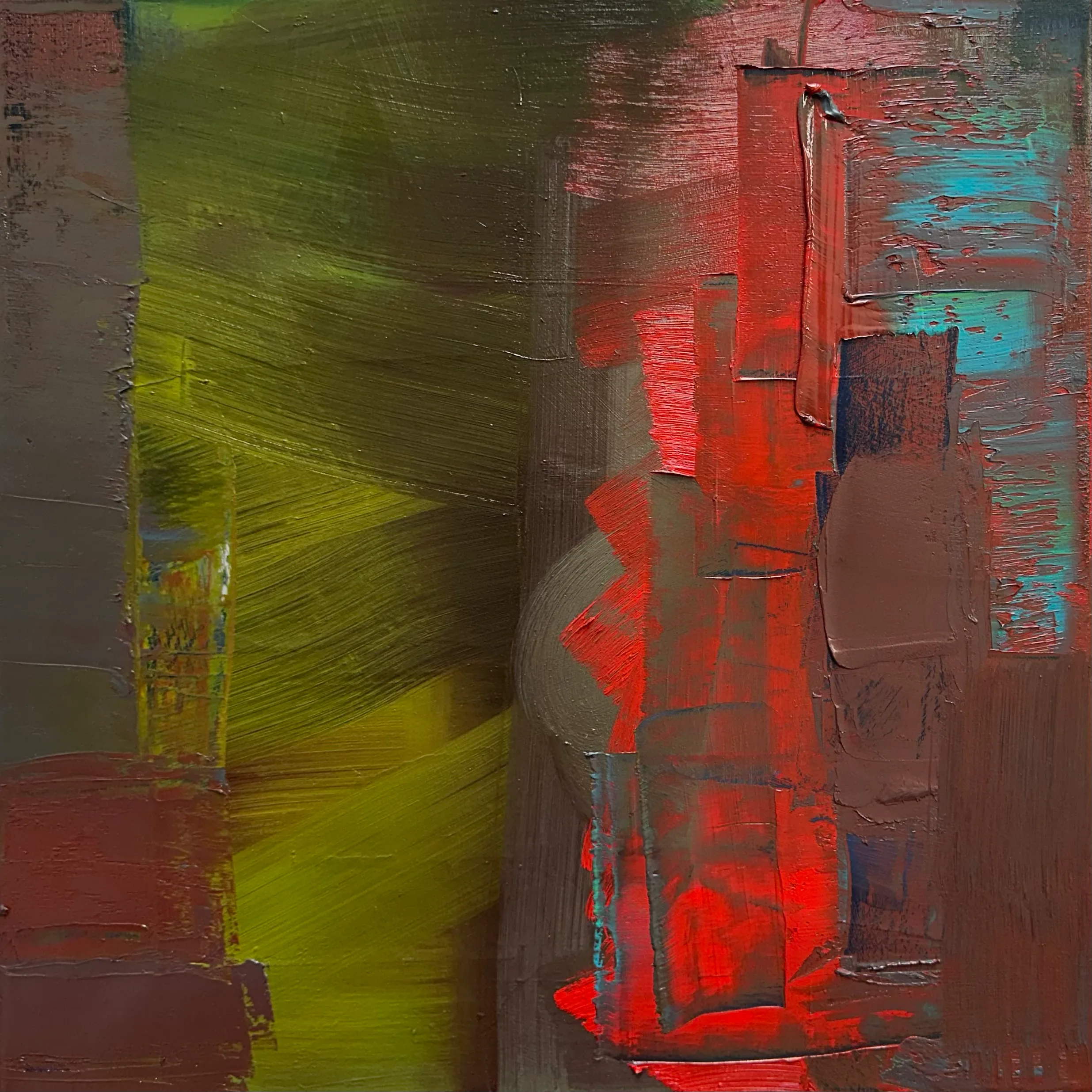 Thick knife-laid slabs of bright red and brown at the right against broad yellow-green brushstrokes, with a touch of turquoise at the top