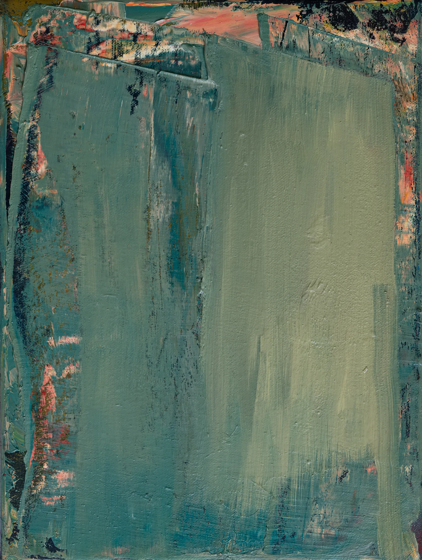 A broad field of sage and blue-green laid over in thick strokes, with coral pink and near-black breaking through along the top and the edges