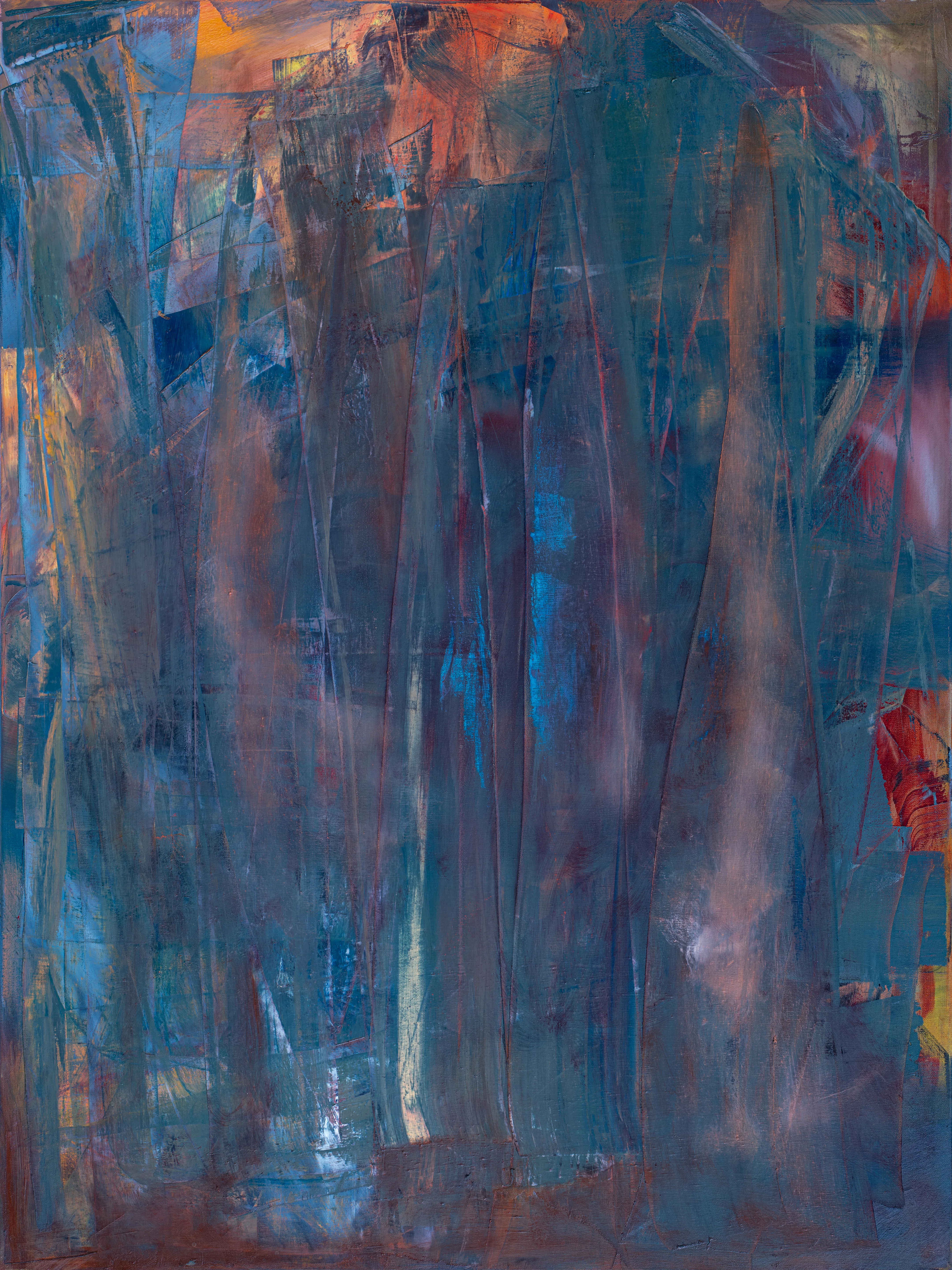 Tall canvas of blue-grey and violet worked in long vertical scraped sweeps, with orange and rust glowing through at the top and the right edge