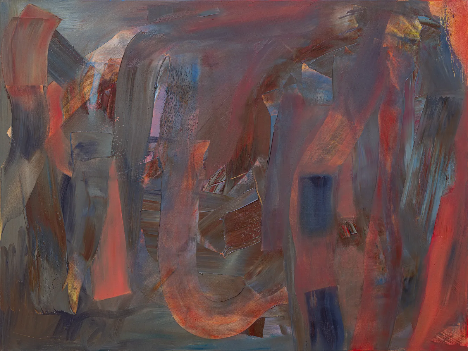 Wide canvas of broad dragged strokes in coral, rust and smoky grey-brown, a looping orange sweep at the centre and small deep blue blocks to the right