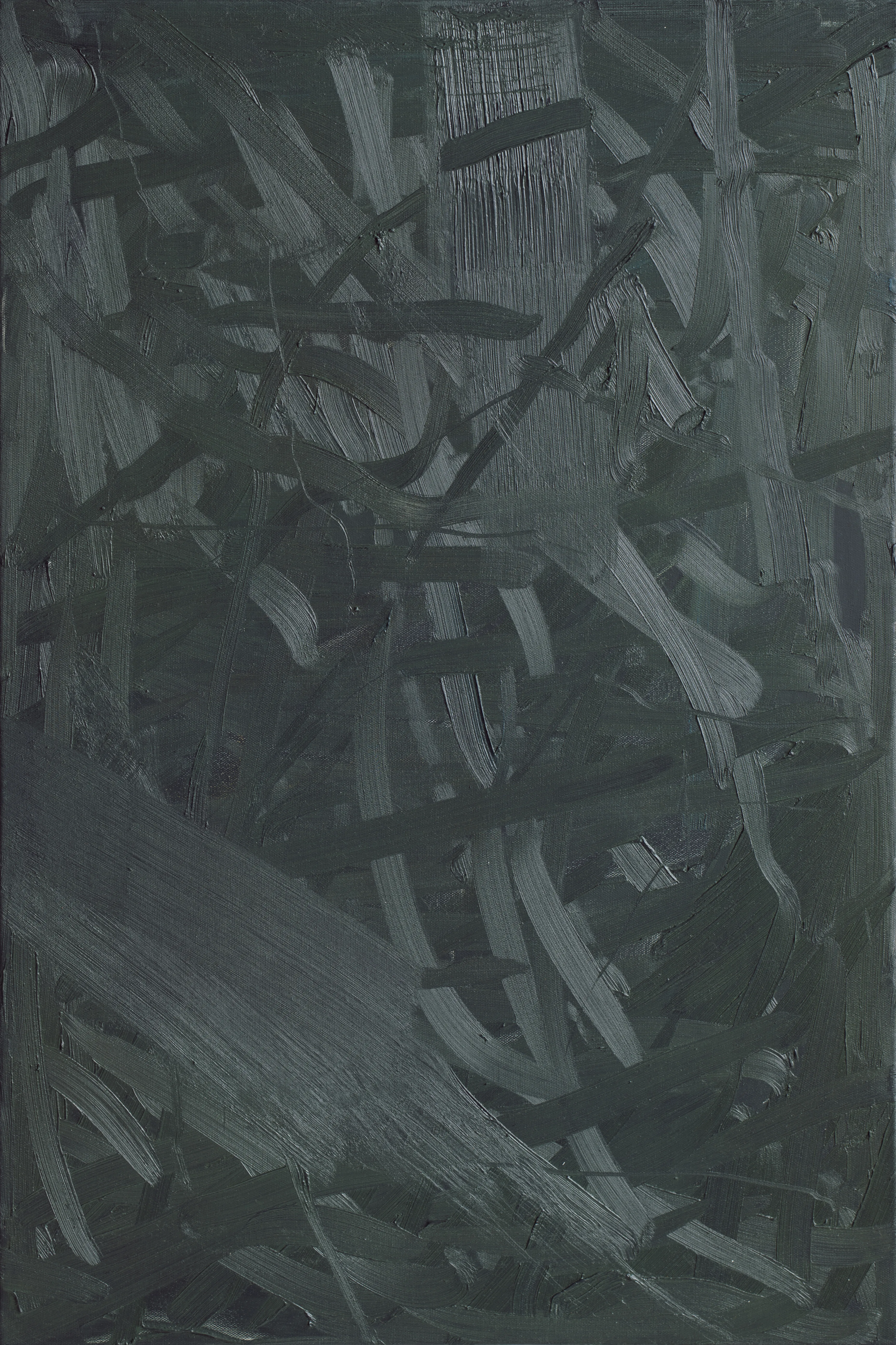 Tall canvas in near-black green-grey, covered in crossing brushstrokes whose ridges catch the light, a broad smoother sweep running down to the lower left