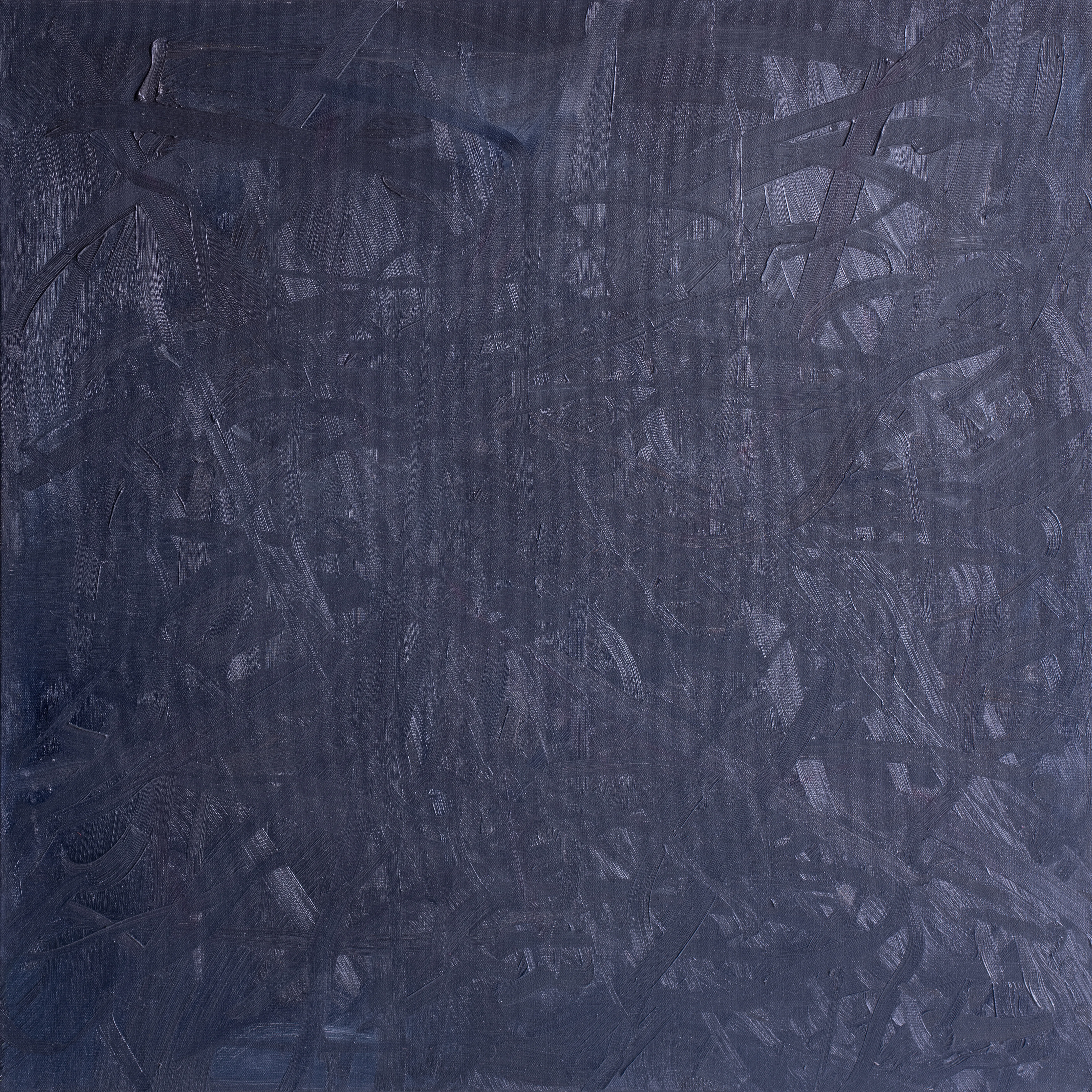 Square canvas of deep blue-black, a dense tangle of looping and crossing brushstrokes that shows only where the light catches their ridges