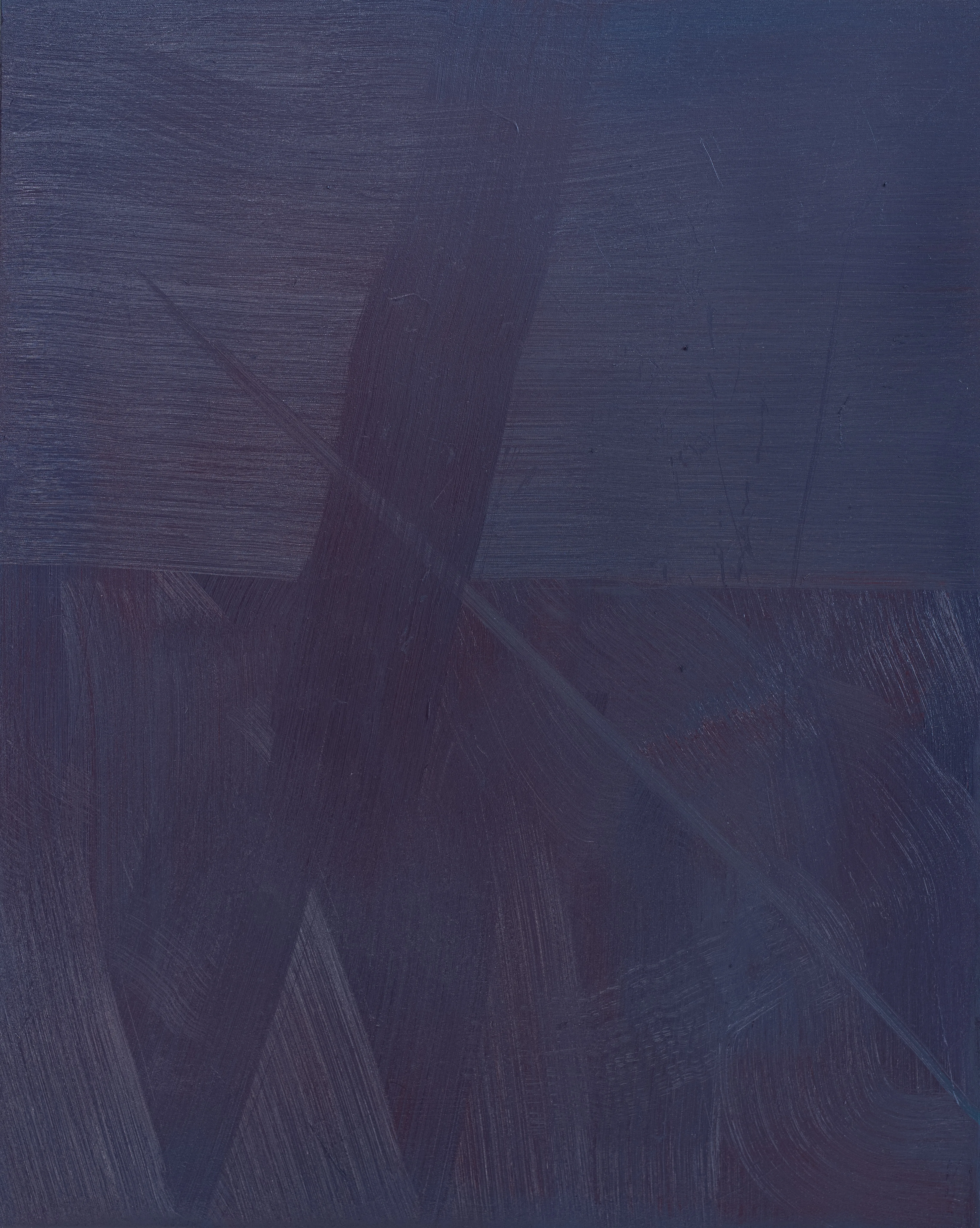 Upright canvas of deep blue-violet split by a faint horizon, a broad dark stroke and a fine diagonal line cutting down across it