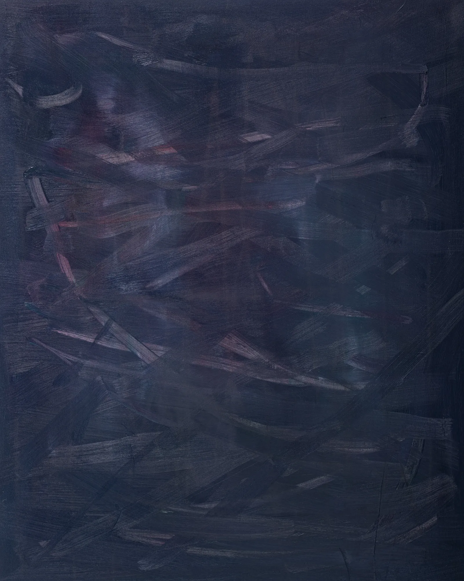 Upright canvas of near-black blue, crowded with slashing strokes running across it that glint violet and rose where the light catches them