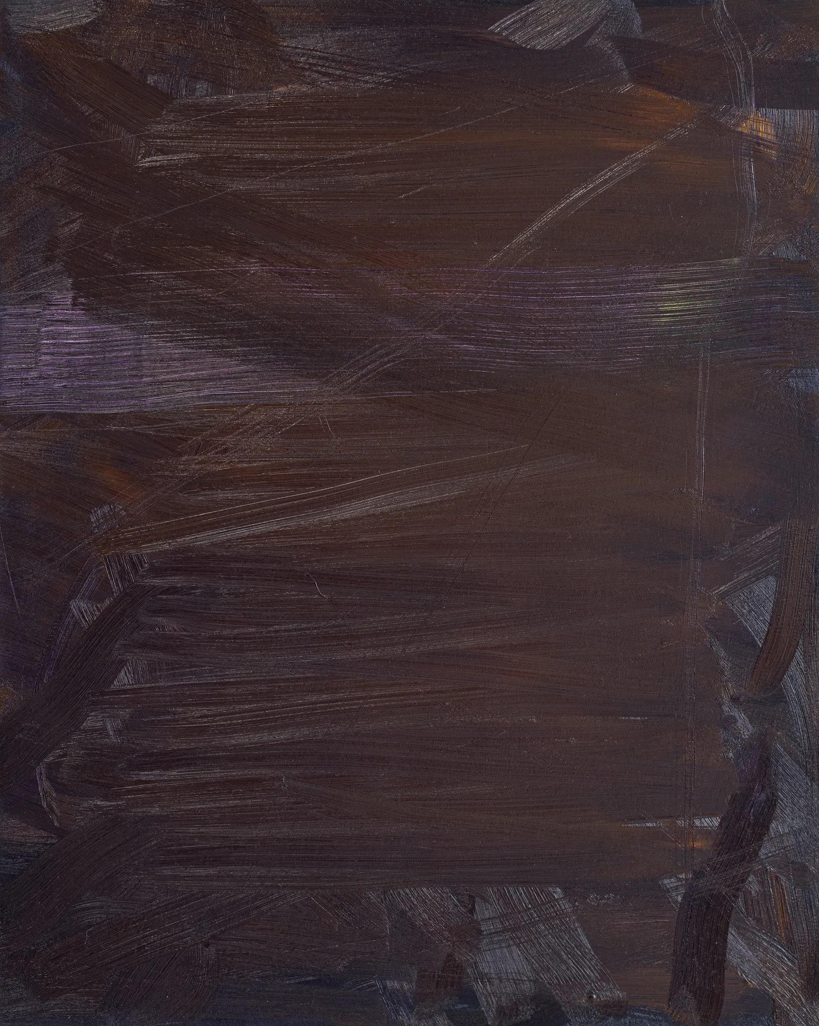 Upright canvas of deep reddish brown laid on in broad horizontal sweeps, ragged violet-grey strokes showing at the edges