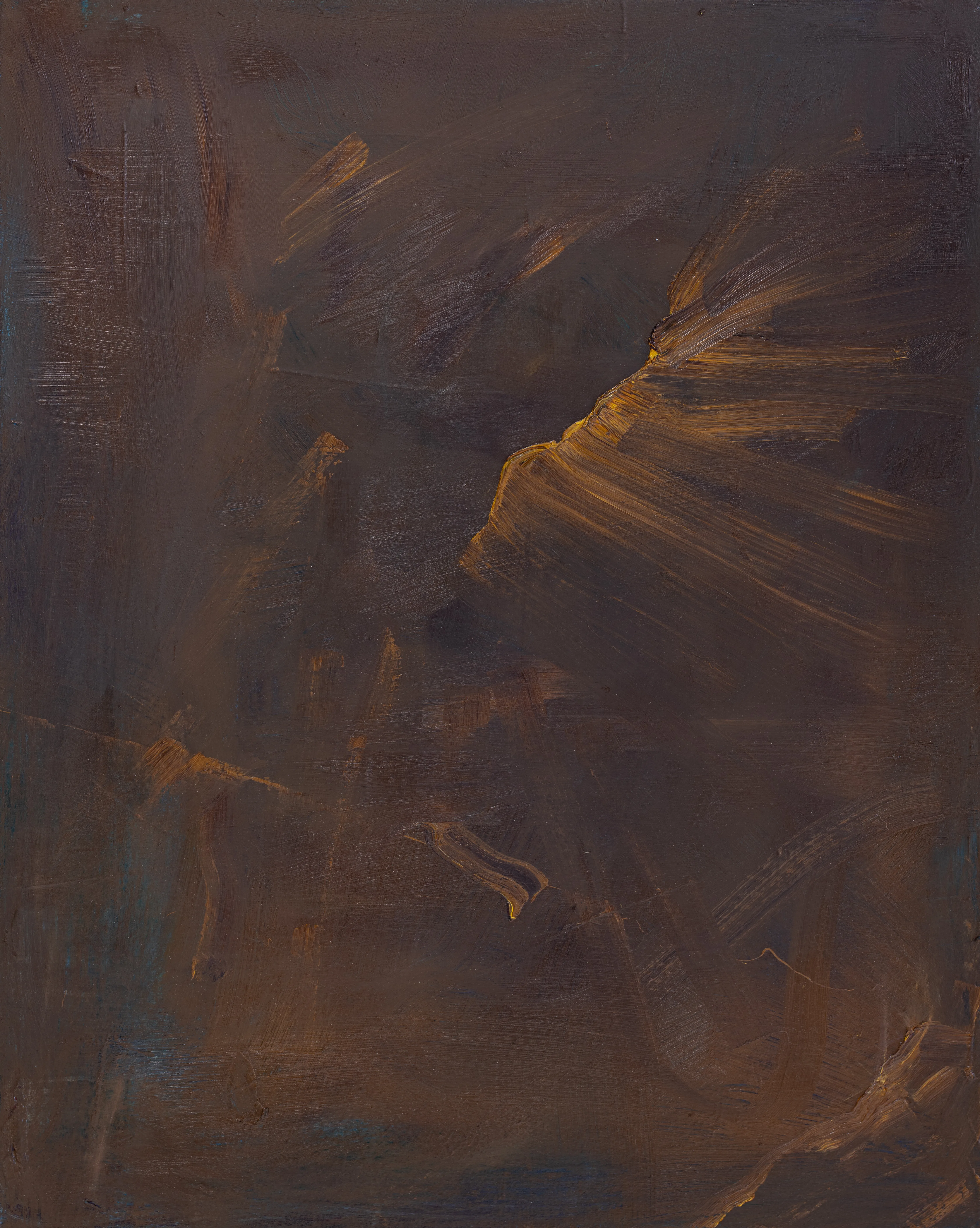Upright canvas of dark umber brown, a burst of fiery orange strokes fanning out from the upper right, with thinner orange marks scattered below
