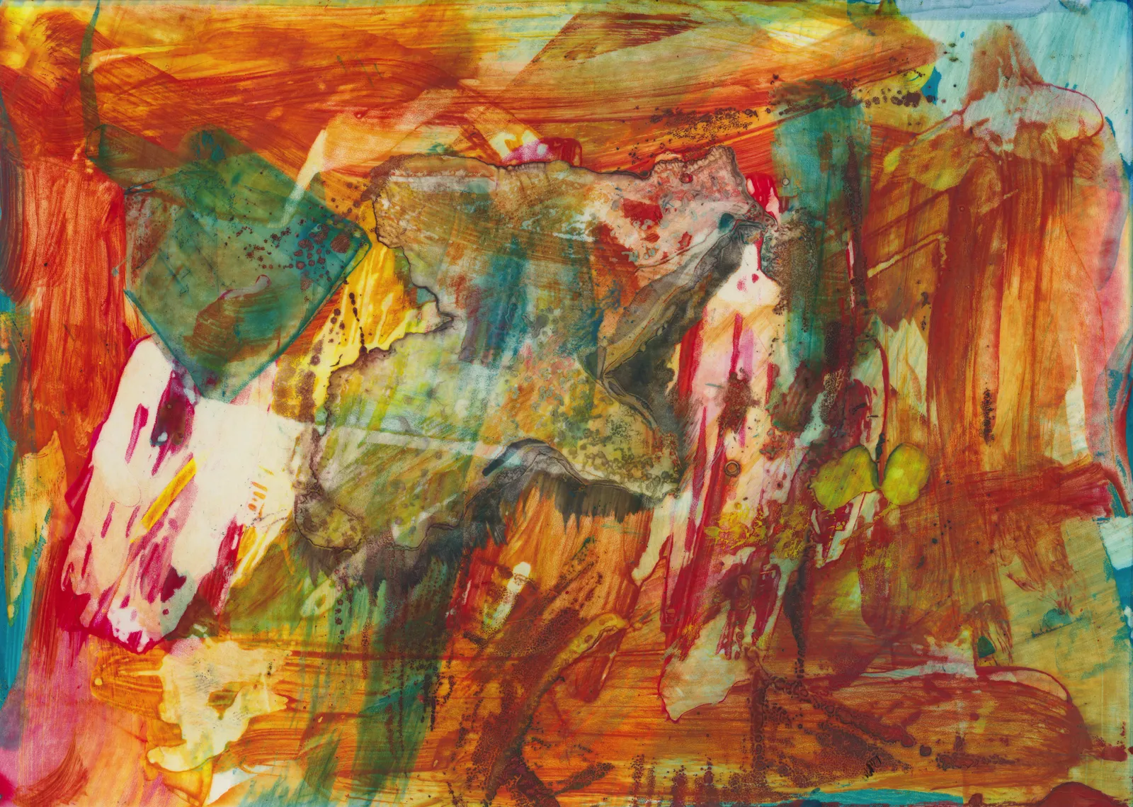 Abstract of sweeping orange and red ink strokes over turquoise, with a mottled green and ochre shape at the centre