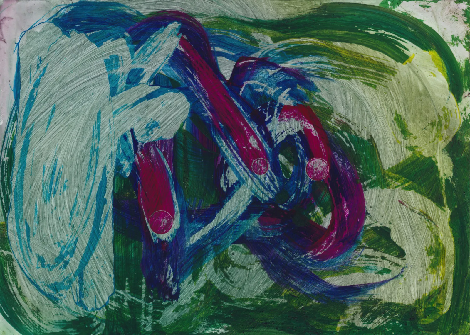 Looping magenta and blue bands knotted between broad pale grey strokes on green