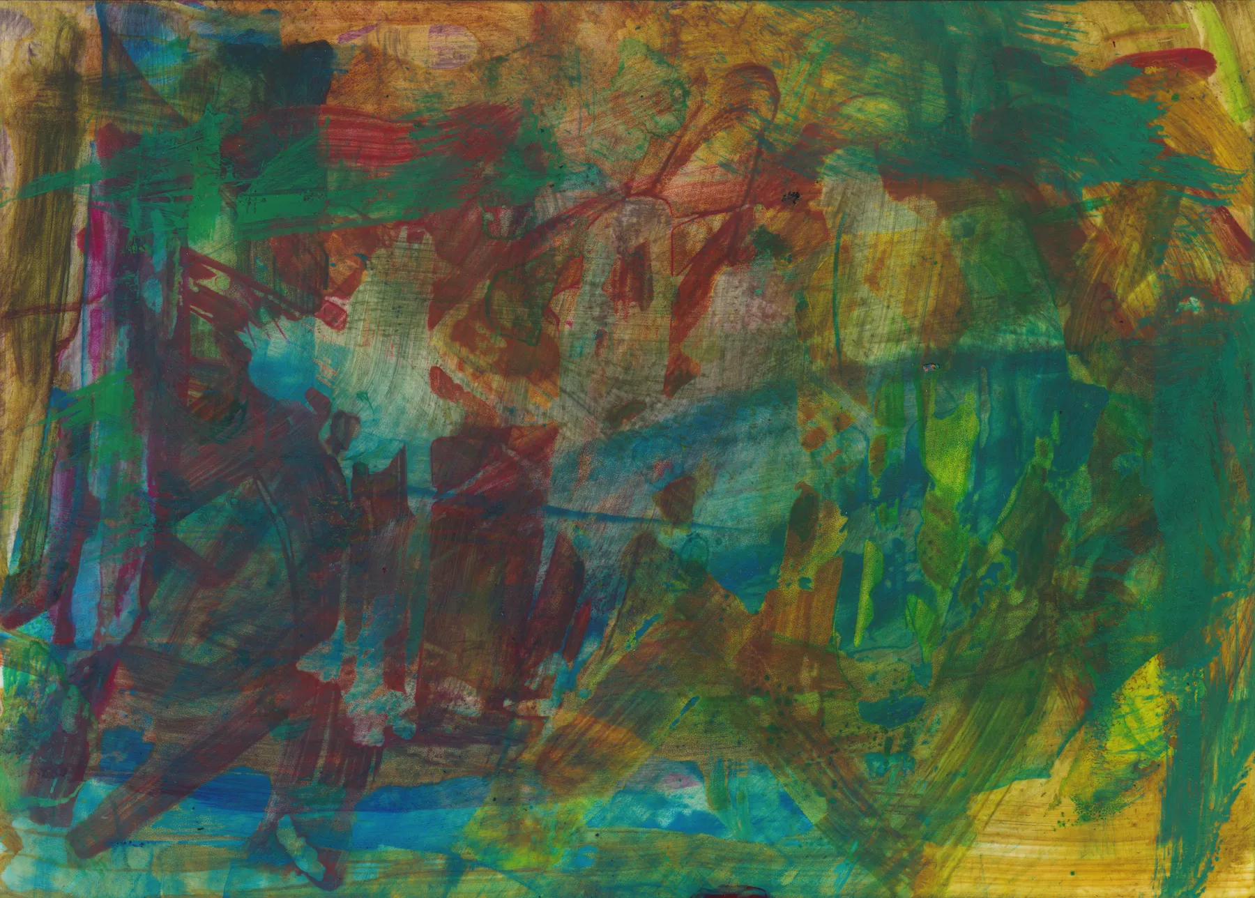 Loose patchwork of green, rust red and ochre strokes with a little blue at the bottom