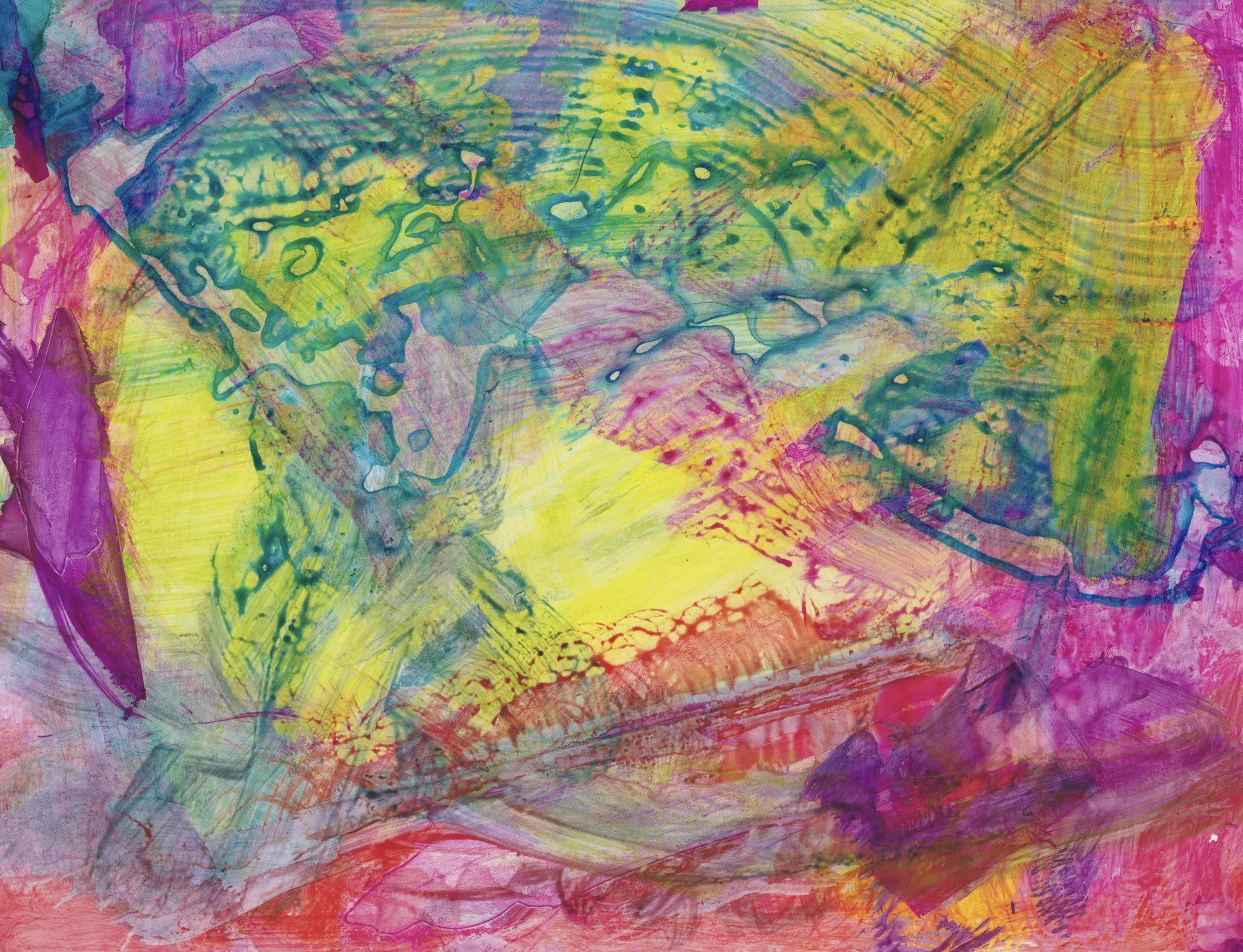 Abstract in yellow and teal ink with a lattice of blue-green drips across the middle, framed by magenta and purple at the edges and a band of red along the bottom