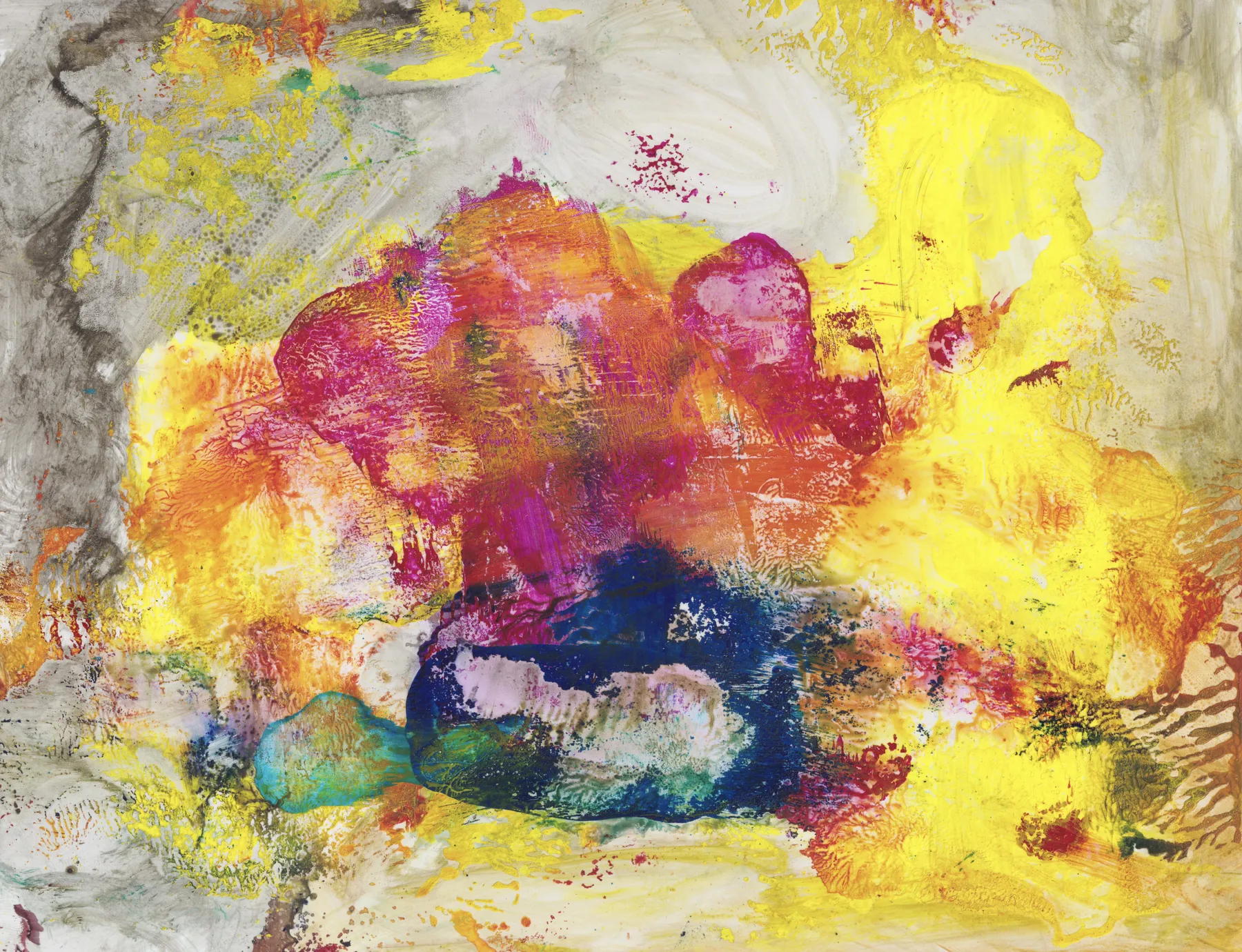 Abstract with a burst of orange, crimson and pink above a dark blue blot, set in bright yellow on a smoky grey-white ground