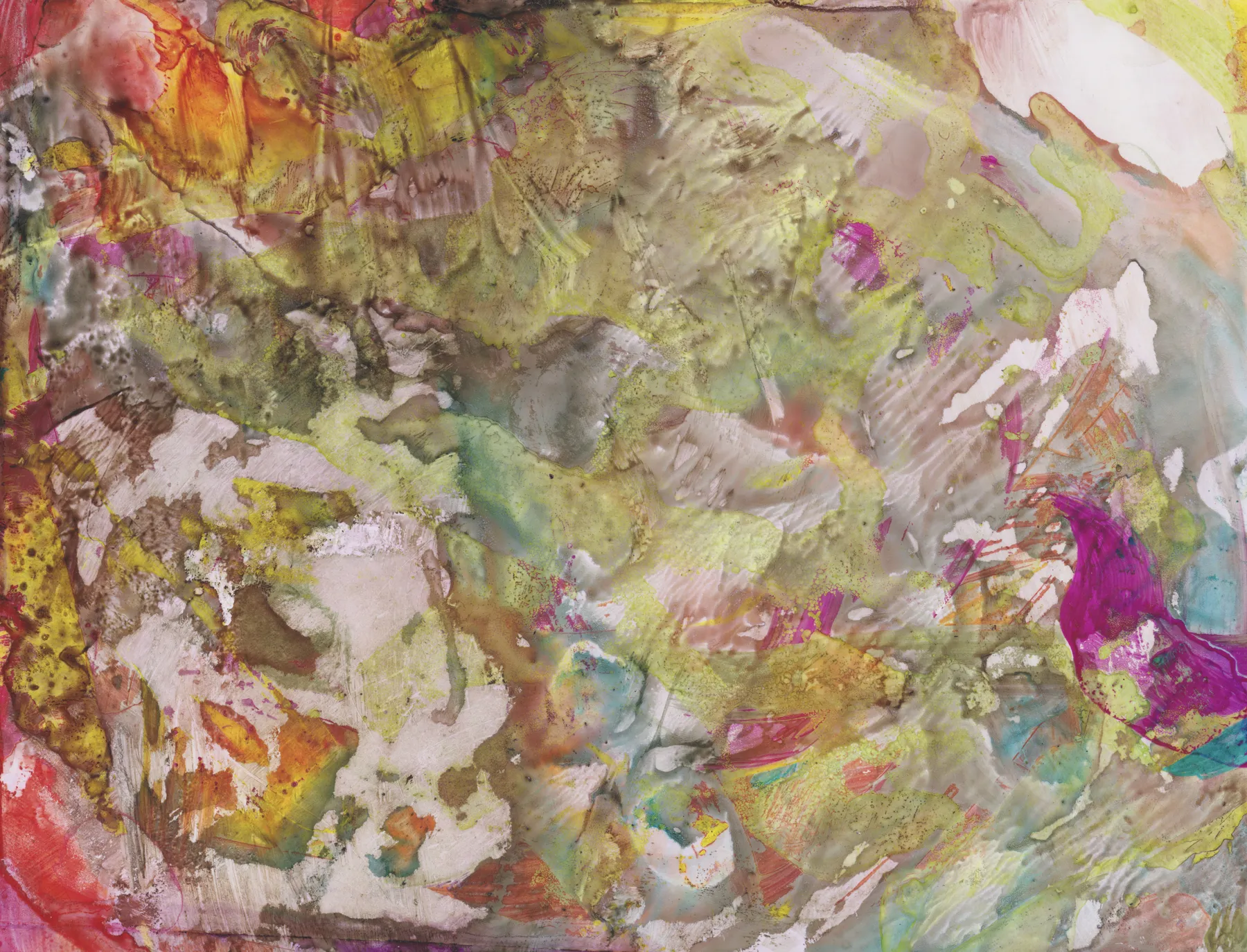 Mottled abstract in olive, yellow and pale pink ink with blistered white patches, a curl of magenta at the right and warm red and orange at the left edge