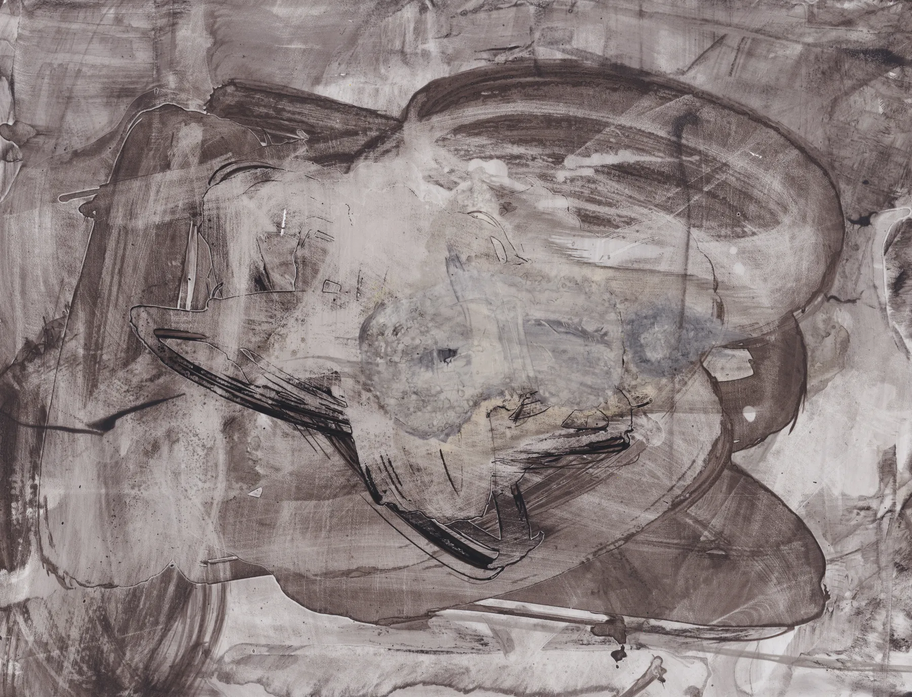 Grey-brown ink abstract: a large dark rounded shape like a tilted bowl, outlined in heavy strokes and crossed by thin scratched lines on a smoky grey ground