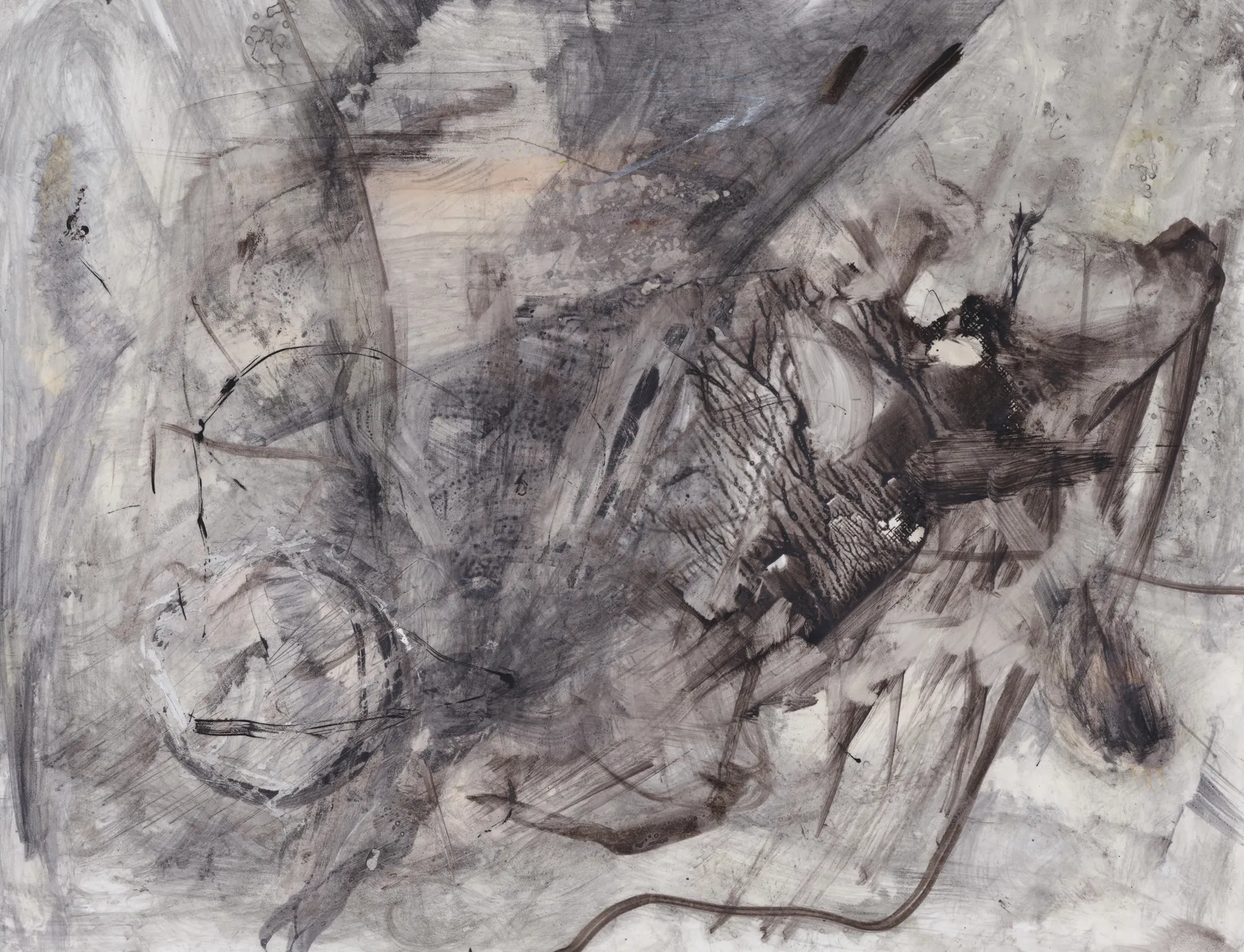 Grey and black ink abstract: a dense dark tangle of hatched strokes across the middle, a faint circle at lower left and a thin dark line curving along the bottom on pale grey